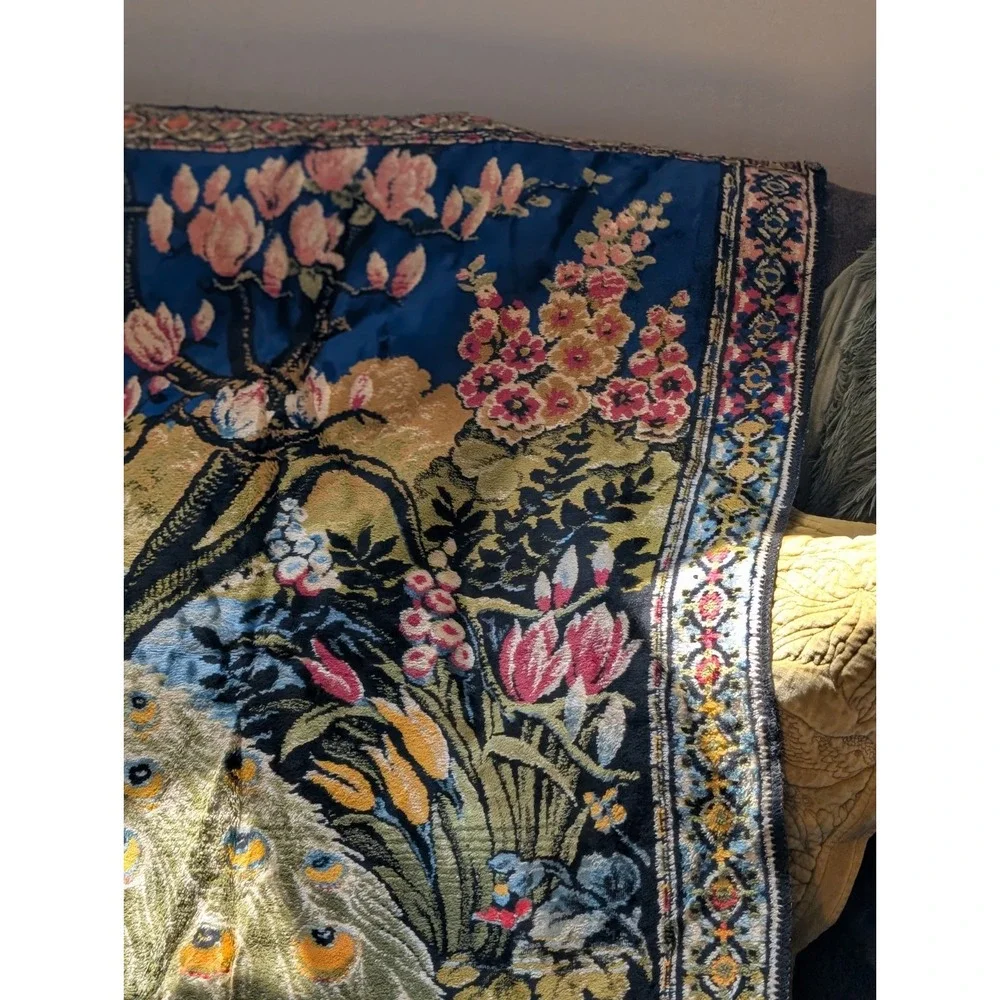 Velvet Peacock Tapestry Large 6x4 Wall Hanging Fringe Boho Cottagecore Vintage